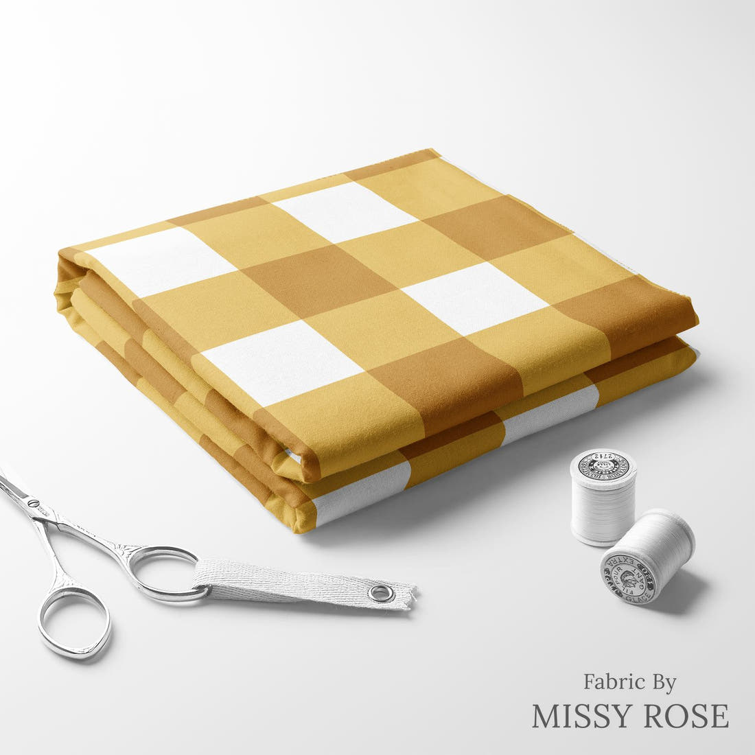 Indy Bloom Fabric Golden Autumn Gold Gingham 05 folded fabric stack with matching thread - pre-order fabric Australia | Fabric by Missy Rose