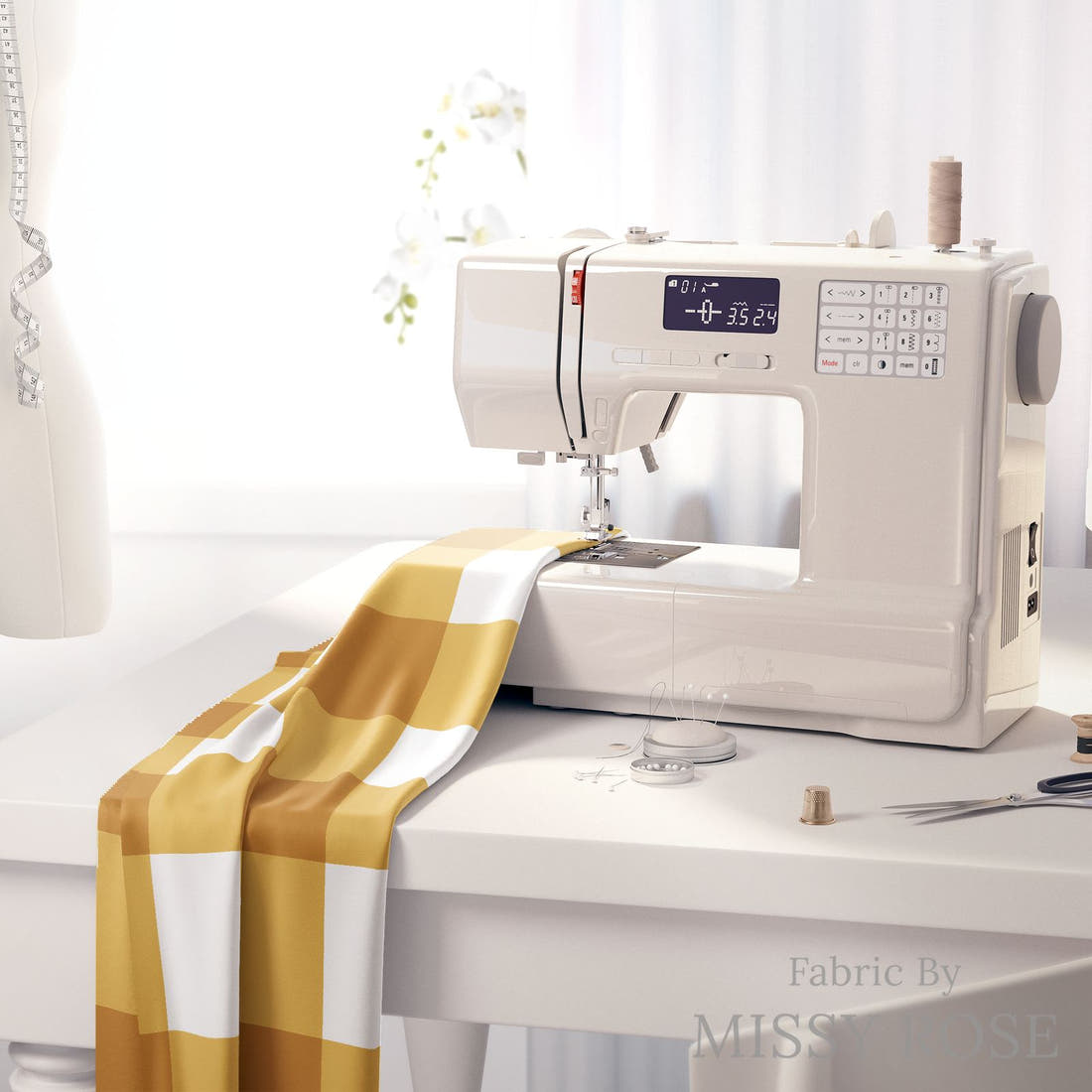 Indy Bloom Fabric Golden Autumn Gold Gingham 05 fabric on a sewing machine - sew your own | Fabric by Missy Rose