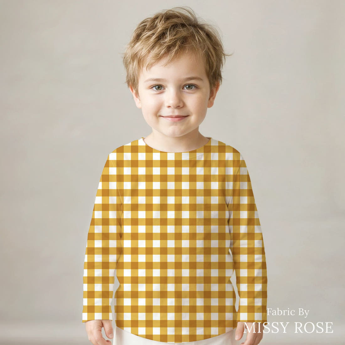 Indy Bloom Fabric Golden Autumn Gold Gingham 05 sewn into a kids' all-over tee - custom printed fabric | Fabric by Missy Rose