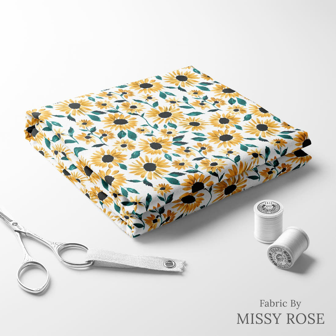 Indy Bloom Fabric Golden Autumn Golden Sunflowers 01 folded fabric stack with matching thread - pre-order fabric Australia | Fabric by Missy Rose