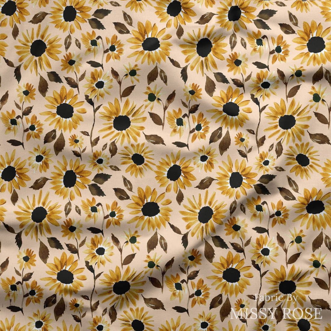 Indy Bloom Fabric Golden Autumn Sunset Sunflower 02 draped fabric mockup - custom printed fabric by the metre | Fabric by Missy Rose
