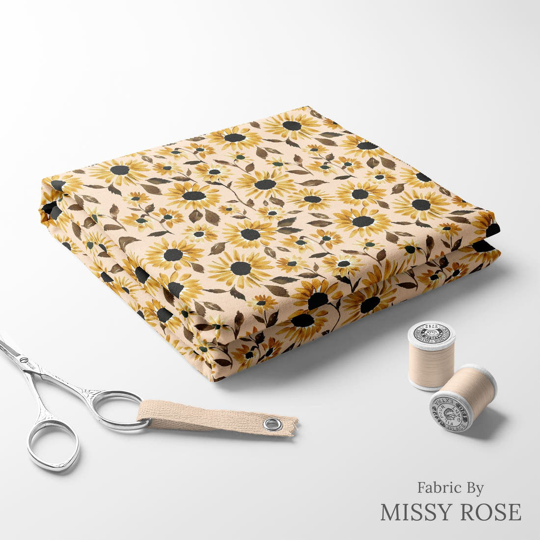 Indy Bloom Fabric Golden Autumn Sunset Sunflower 02 folded fabric stack with matching thread - pre-order fabric Australia | Fabric by Missy Rose