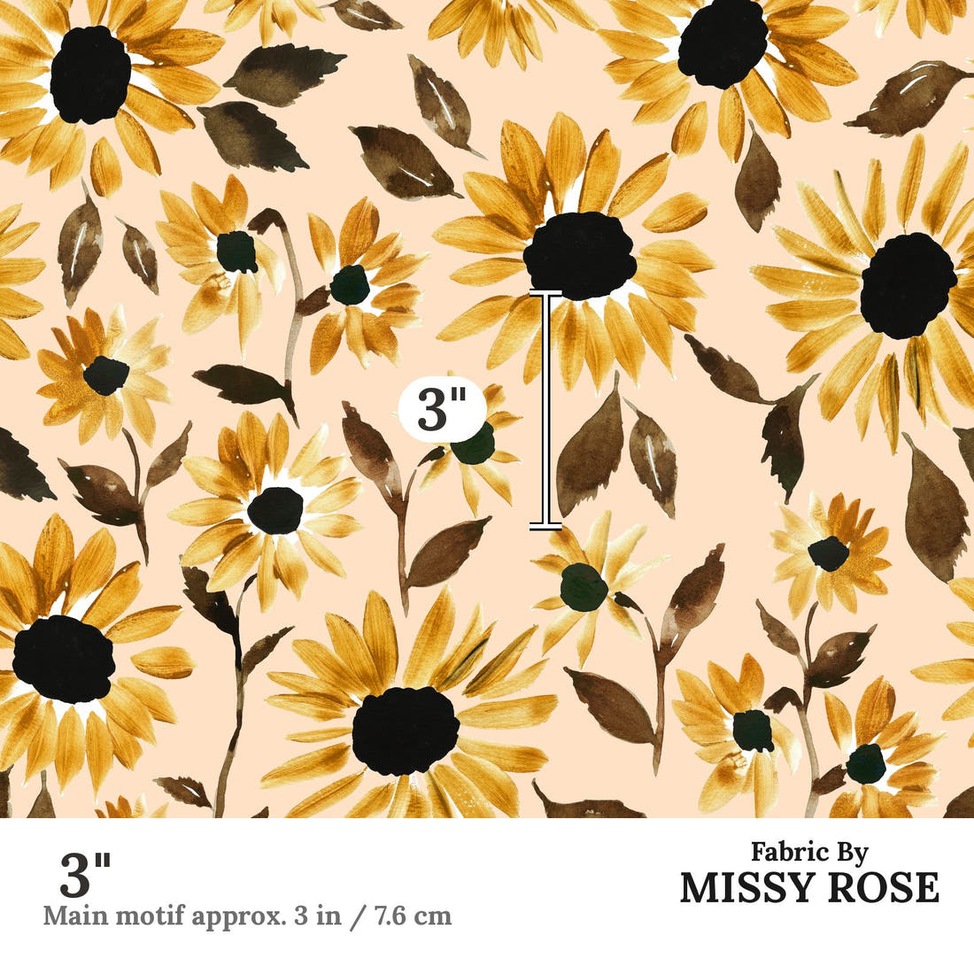 Indy Bloom Fabric Golden Autumn Sunset Sunflower 02 3 inch print scale guide | Fabric by Missy Rose