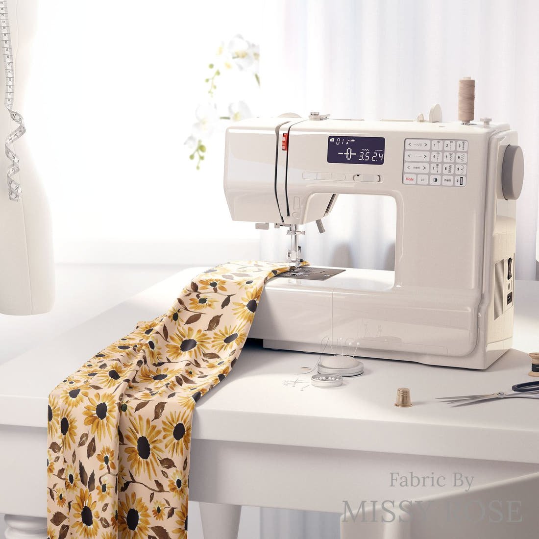 Indy Bloom Fabric Golden Autumn Sunset Sunflower 02 fabric on a sewing machine - sew your own | Fabric by Missy Rose