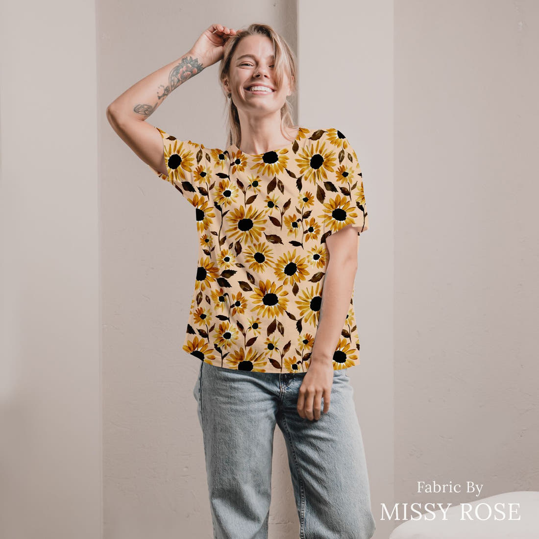 Indy Bloom Fabric Golden Autumn Sunset Sunflower 02 sewn into an all-over print shirt - custom printed fabric | Fabric by Missy Rose