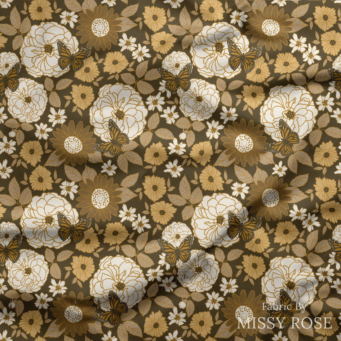 Indy Bloom Fabric Golden Girl Butterflies Floral 02 draped fabric mockup - custom printed fabric by the metre | Fabric by Missy Rose