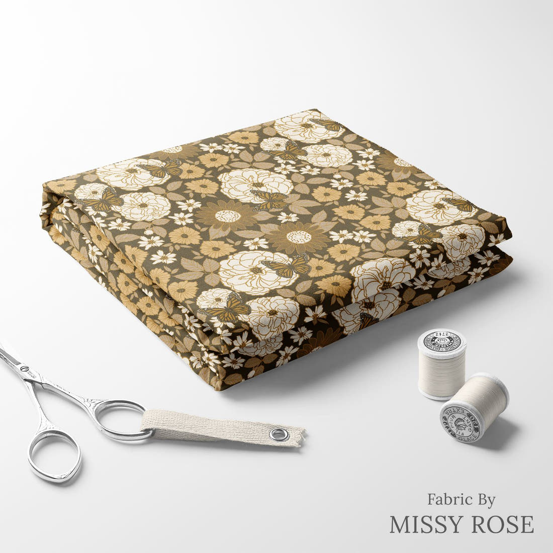 Indy Bloom Fabric Golden Girl Butterflies Floral 02 folded fabric stack with matching thread - pre-order fabric Australia | Fabric by Missy Rose
