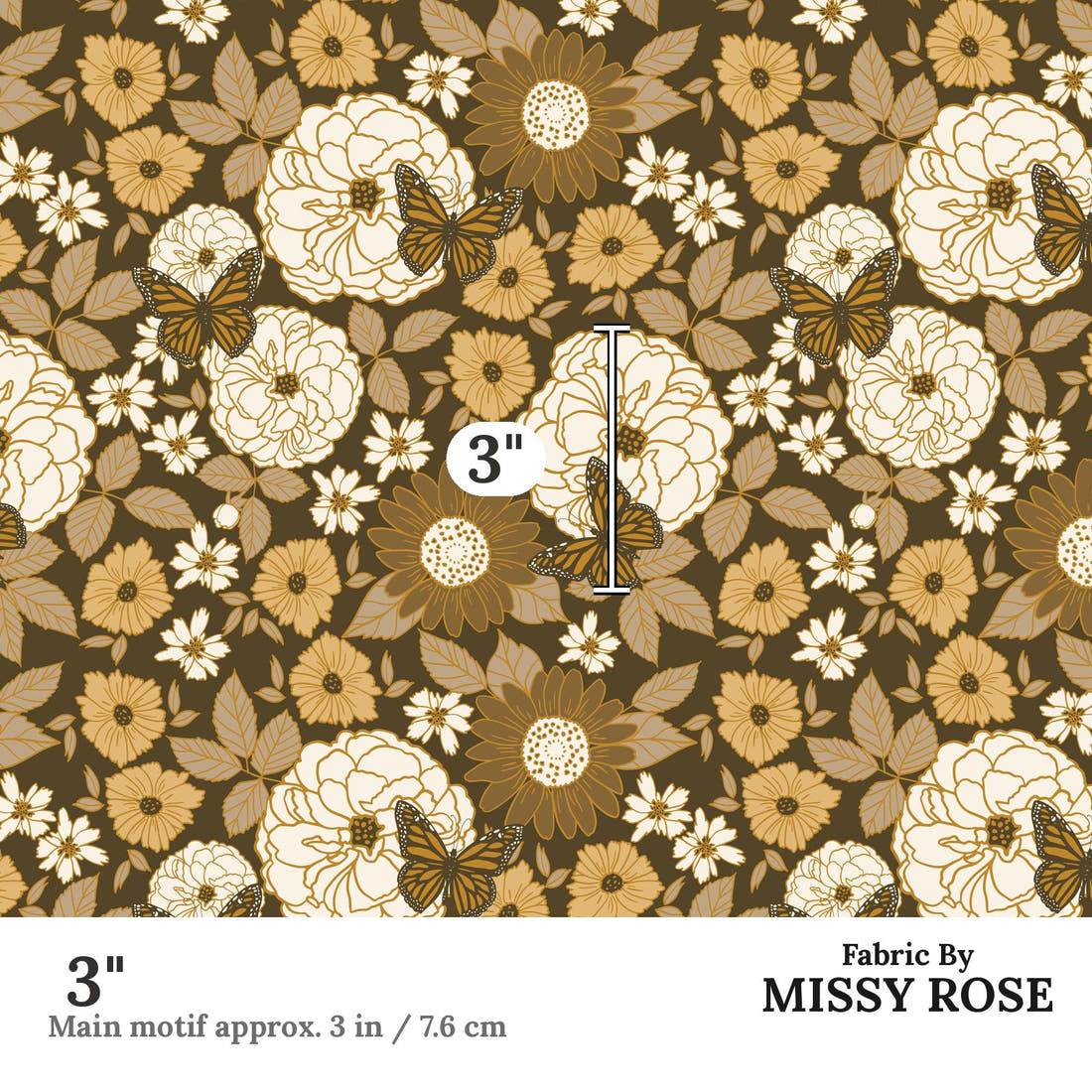 Indy Bloom Fabric Golden Girl Butterflies Floral 02 3 inch print scale guide | Fabric by Missy Rose