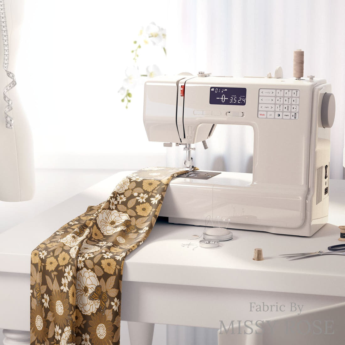 Indy Bloom Fabric Golden Girl Butterflies Floral 02 fabric on a sewing machine - sew your own | Fabric by Missy Rose