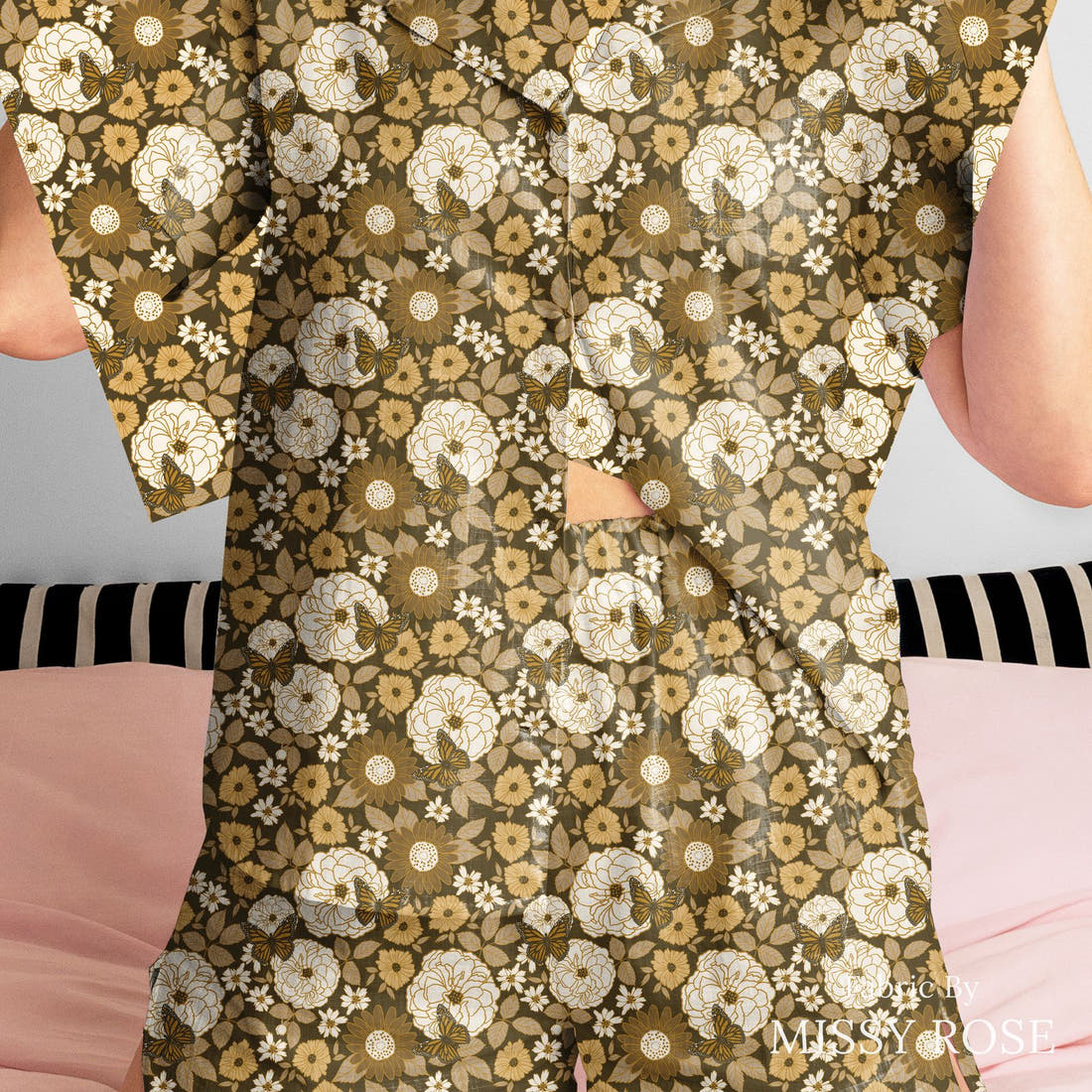 Indy Bloom Fabric Golden Girl Butterflies Floral 02 sewn into a women's pyjama set - custom printed fabric | Fabric by Missy Rose
