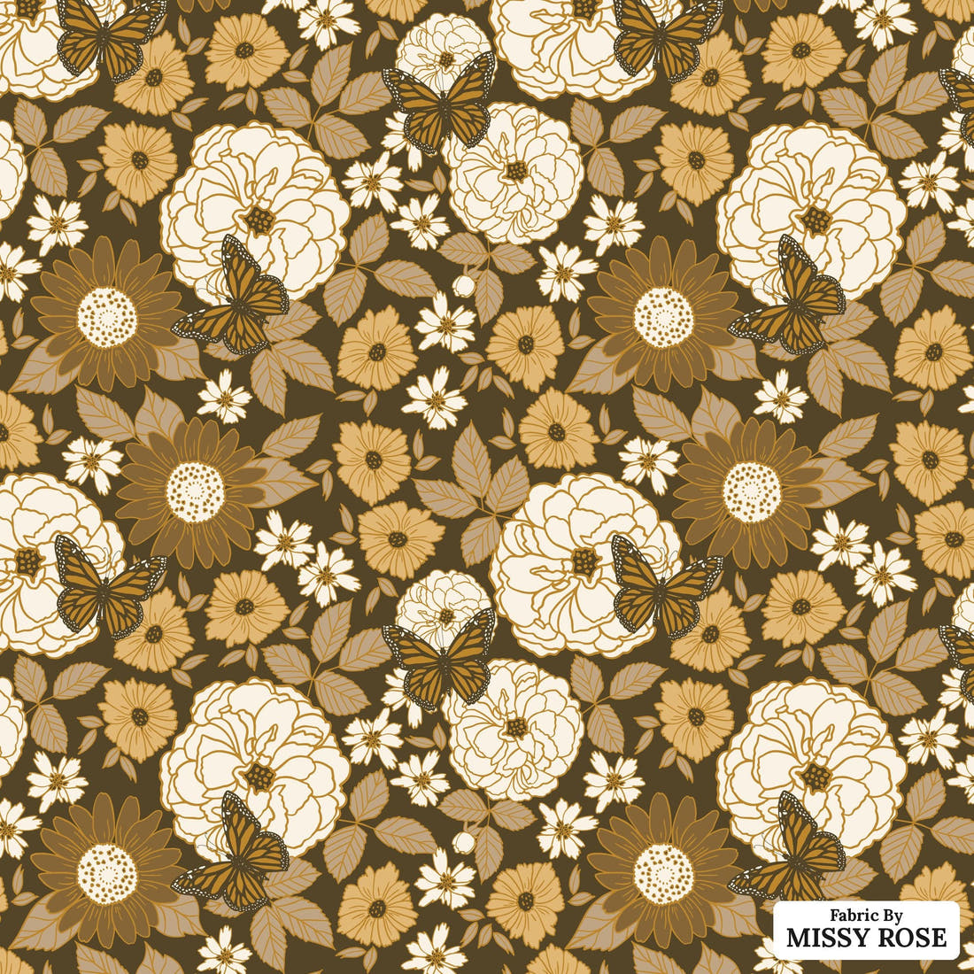 Indy Bloom Fabric Golden Girl Butterflies Floral 02 flat view of the printed design | Fabric by Missy Rose