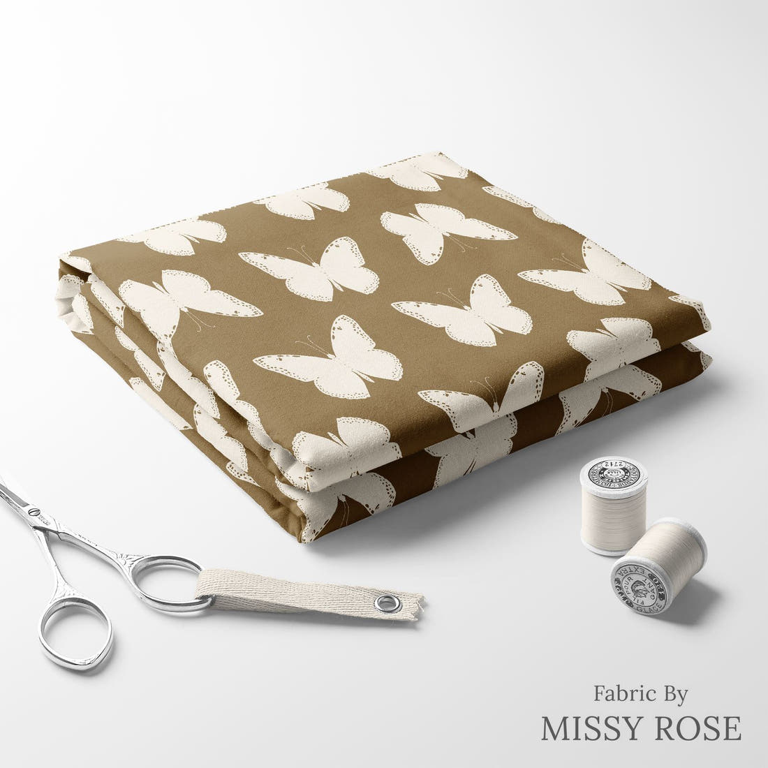 Indy Bloom Fabric Golden Girl Butterflies in Brown 08 folded fabric stack with matching thread - pre-order fabric Australia | Fabric by Missy Rose