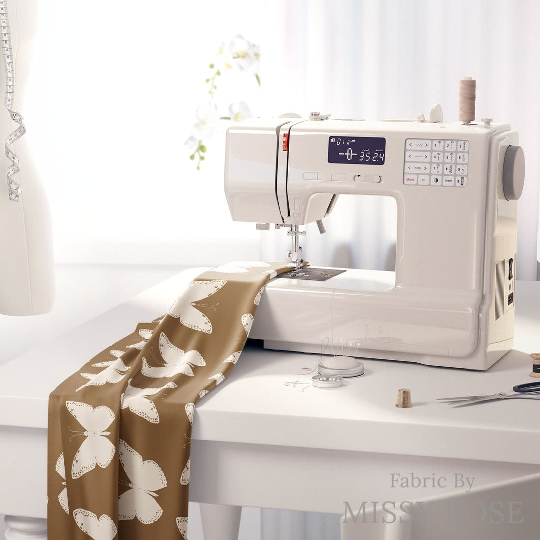 Indy Bloom Fabric Golden Girl Butterflies in Brown 08 fabric on a sewing machine - sew your own | Fabric by Missy Rose