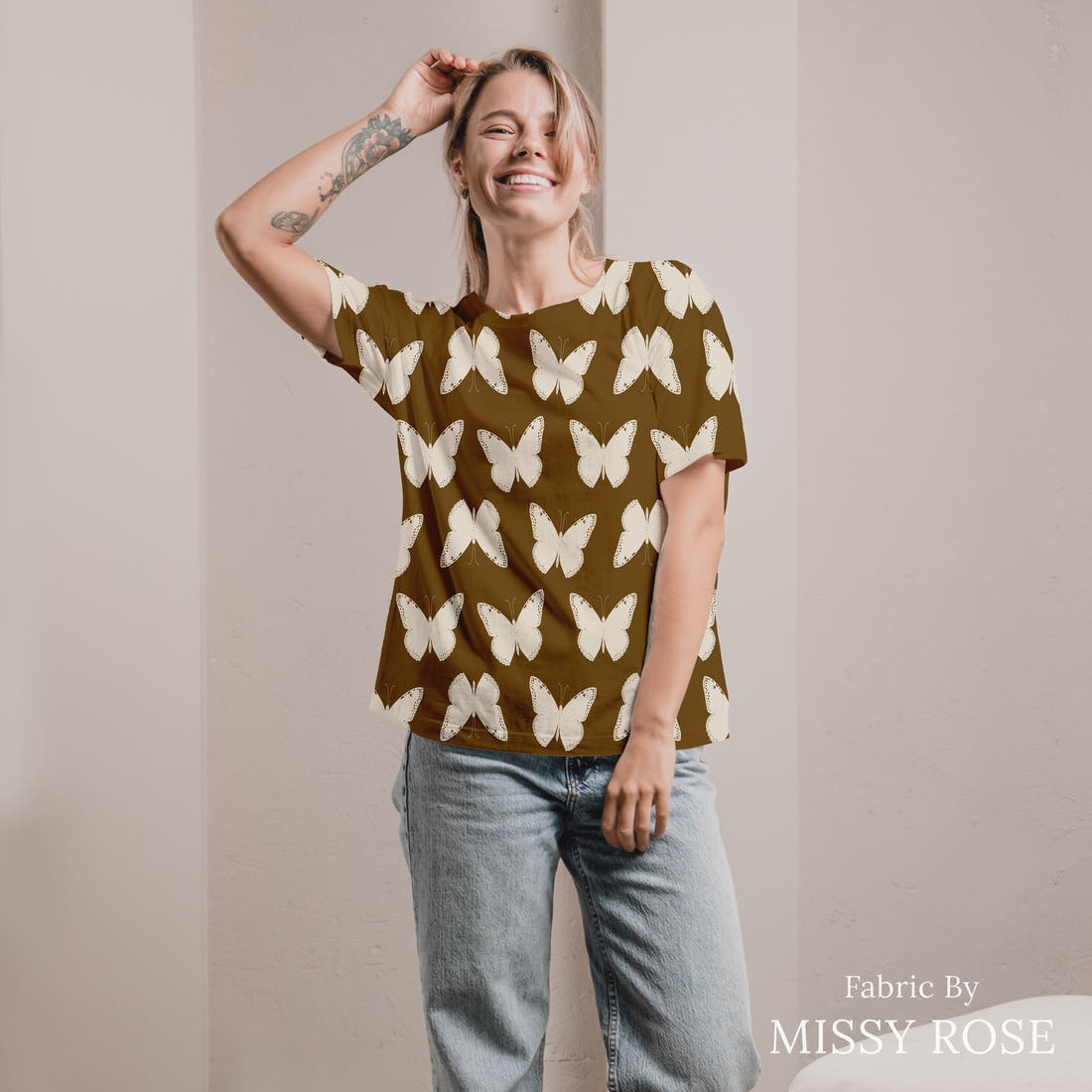 Indy Bloom Fabric Golden Girl Butterflies in Brown 08 sewn into an all-over print shirt - custom printed fabric | Fabric by Missy Rose