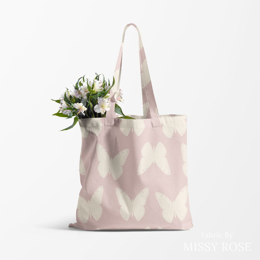 Indy Bloom Fabric Golden Girl Butterflies in Lavender 07 made up as a tote bag - custom printed fabric | Fabric by Missy Rose