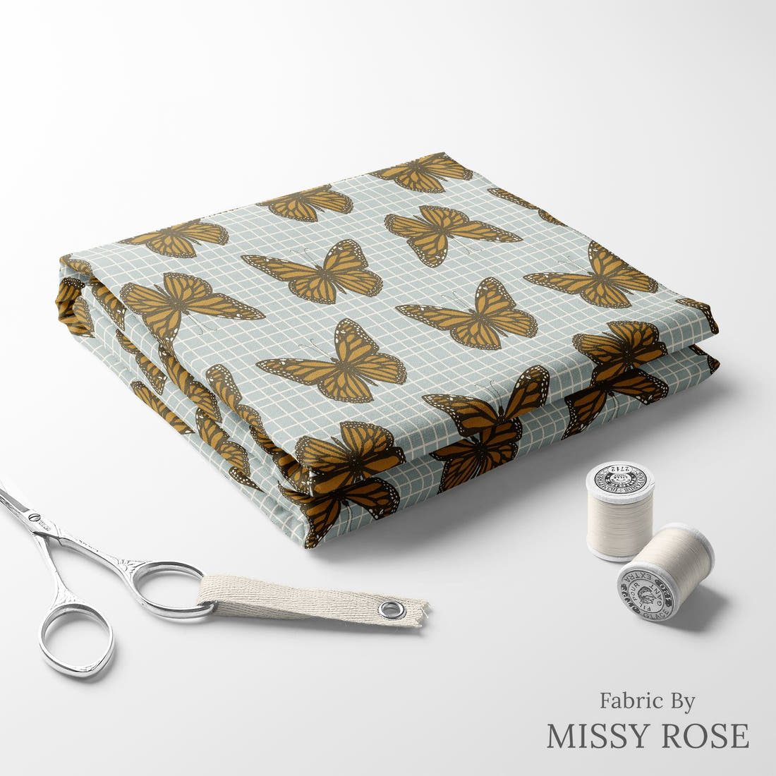 Indy Bloom Fabric Golden Girl Catching Butterflies 06 folded fabric stack with matching thread - pre-order fabric Australia | Fabric by Missy Rose