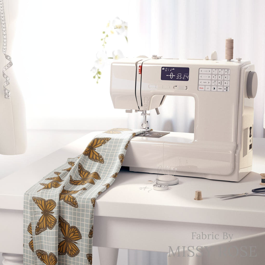 Indy Bloom Fabric Golden Girl Catching Butterflies 06 fabric on a sewing machine - sew your own | Fabric by Missy Rose