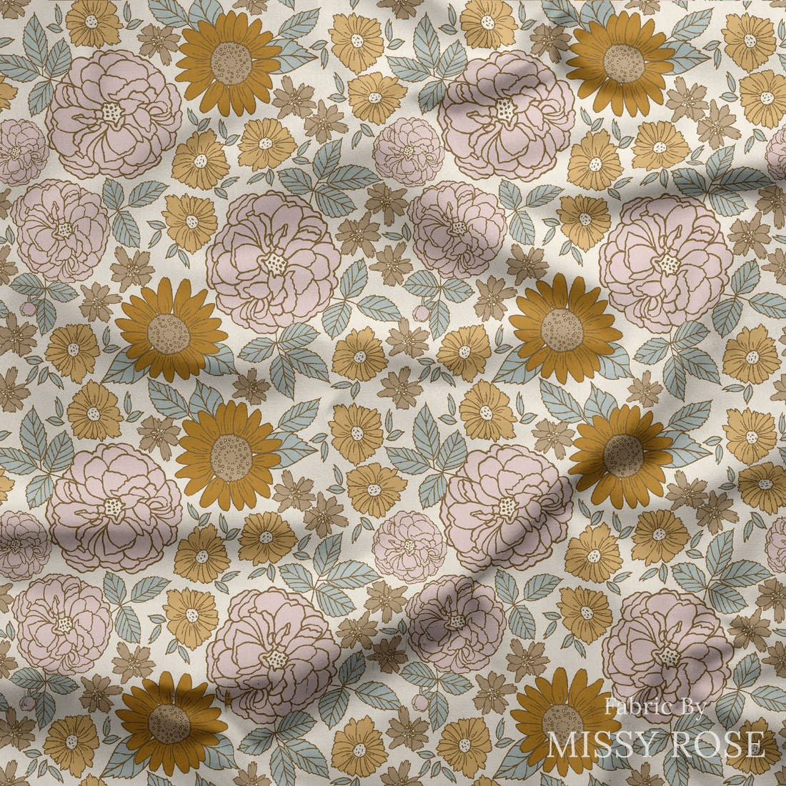 Indy Bloom Fabric Golden Girl Flowers 01 draped fabric mockup - custom printed fabric by the metre | Fabric by Missy Rose