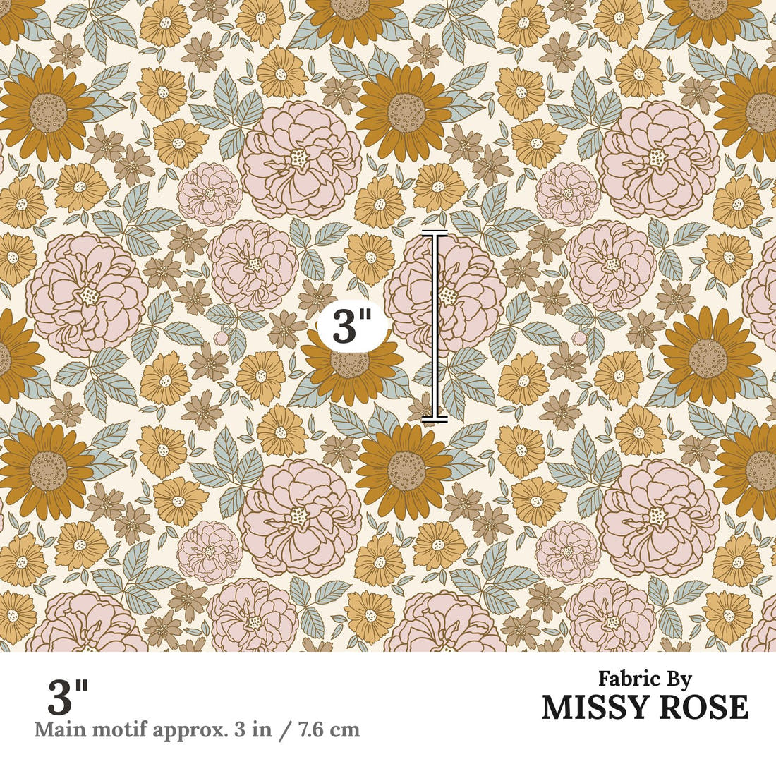 Indy Bloom Fabric Golden Girl Flowers 01 3 inch print scale guide | Fabric by Missy Rose