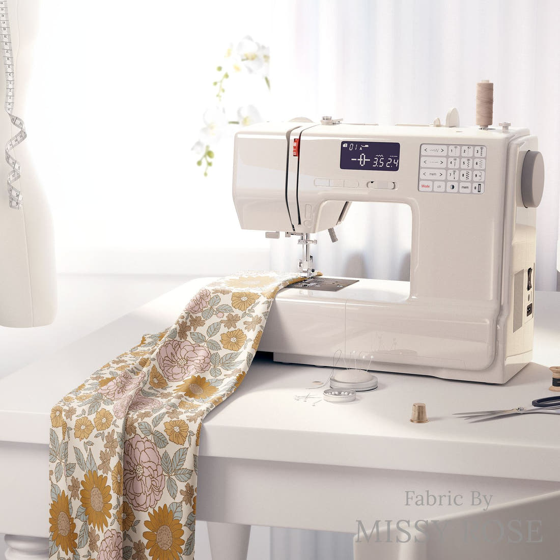 Indy Bloom Fabric Golden Girl Flowers 01 fabric on a sewing machine - sew your own | Fabric by Missy Rose