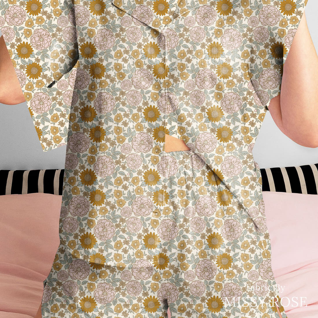 Indy Bloom Fabric Golden Girl Flowers 01 sewn into a women's pyjama set - custom printed fabric | Fabric by Missy Rose
