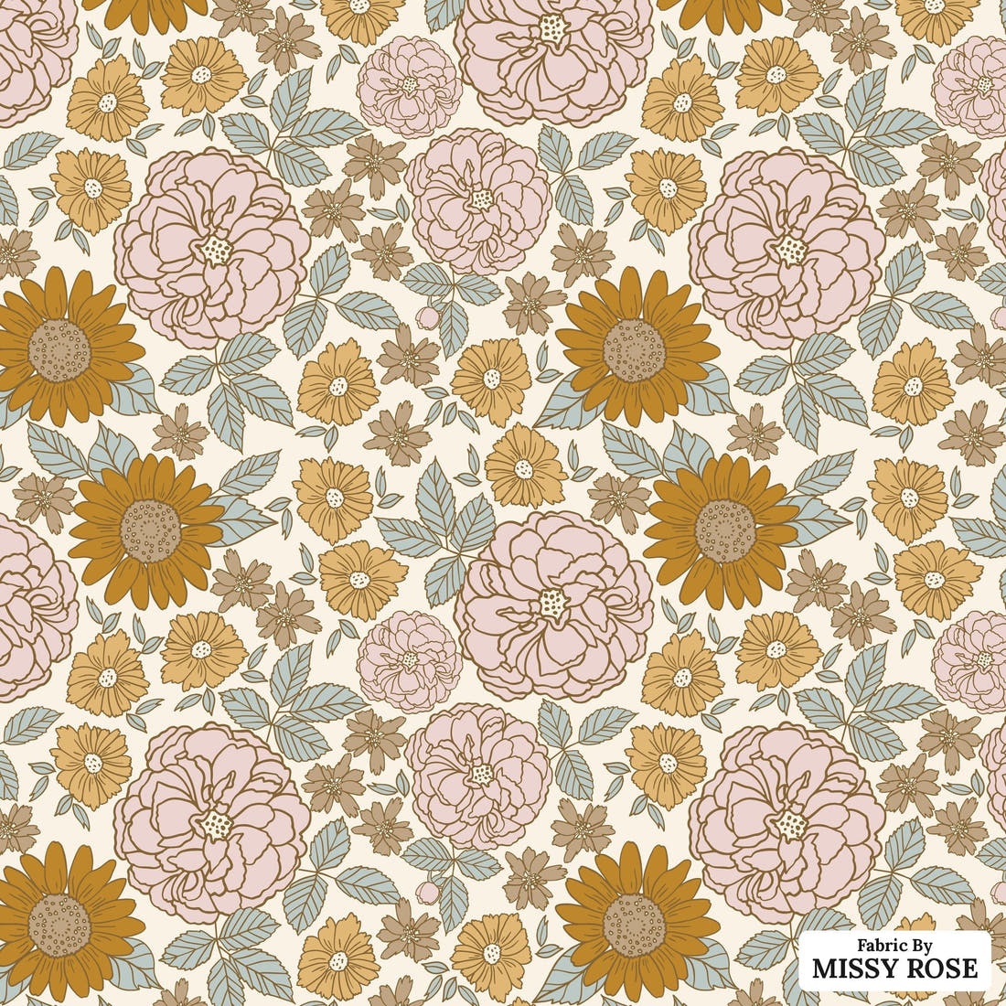 Indy Bloom Fabric Golden Girl Flowers 01 flat view of the printed design | Fabric by Missy Rose