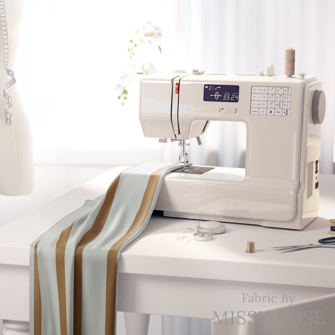 Indy Bloom Fabric Golden Girl Stripe in Blue 09 fabric on a sewing machine - sew your own | Fabric by Missy Rose