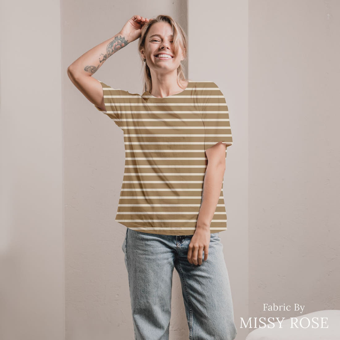 Indy Bloom Fabric Golden Girl Stripe in Taupe 12 sewn into an all-over print shirt - custom printed fabric | Fabric by Missy Rose