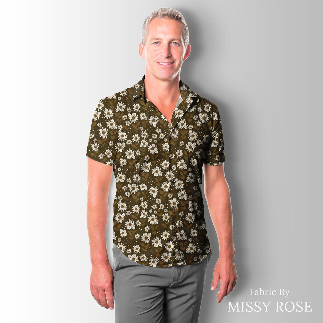 Indy Bloom Fabric Golden Girl Sunflowers in Chocolate 03 sewn into a men's shirt - custom printed fabric | Fabric by Missy Rose