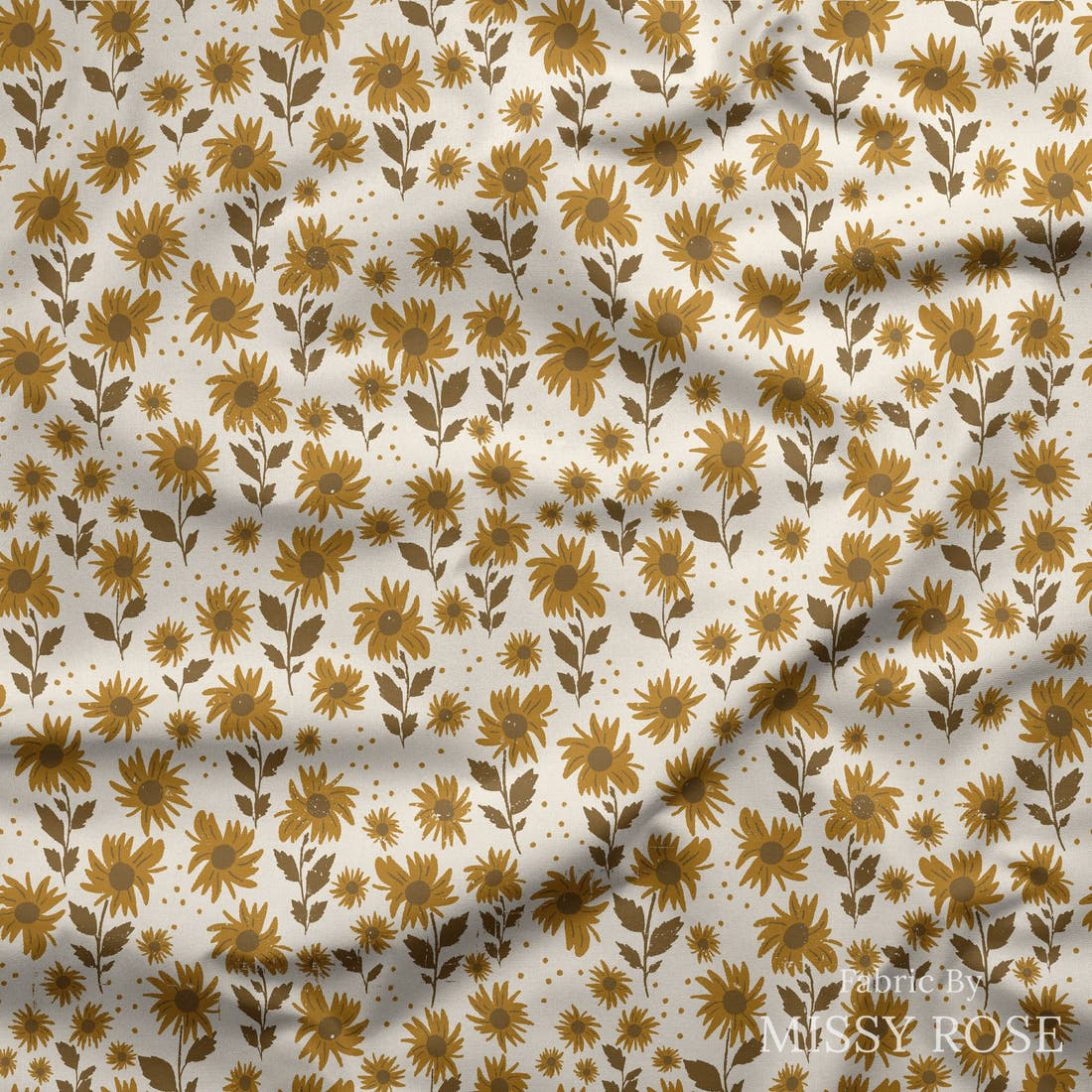 Indy Bloom Fabric Golden Girl Sunflowers in Cream 04 draped fabric mockup - custom printed fabric by the metre | Fabric by Missy Rose