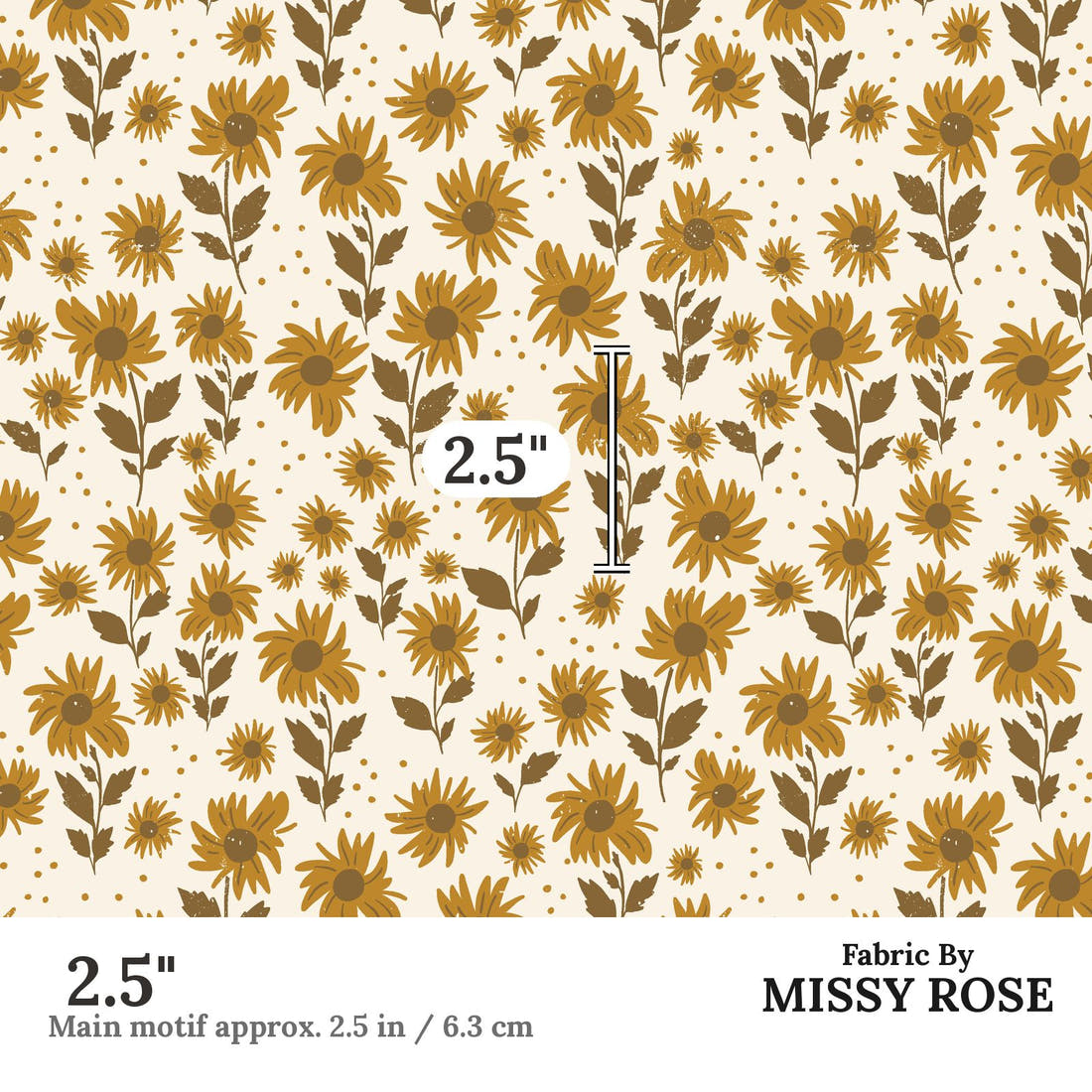 Indy Bloom Fabric Golden Girl Sunflowers in Cream 04 2.5 inch print scale guide | Fabric by Missy Rose
