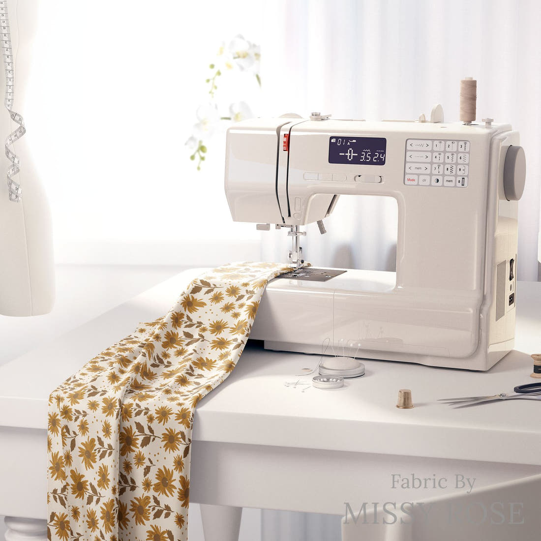 Indy Bloom Fabric Golden Girl Sunflowers in Cream 04 fabric on a sewing machine - sew your own | Fabric by Missy Rose