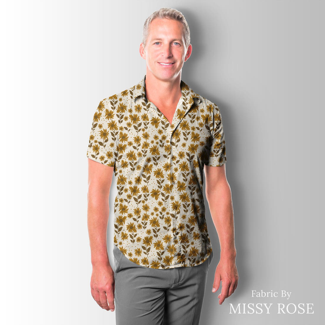 Indy Bloom Fabric Golden Girl Sunflowers in Cream 04 sewn into a men's shirt - custom printed fabric | Fabric by Missy Rose