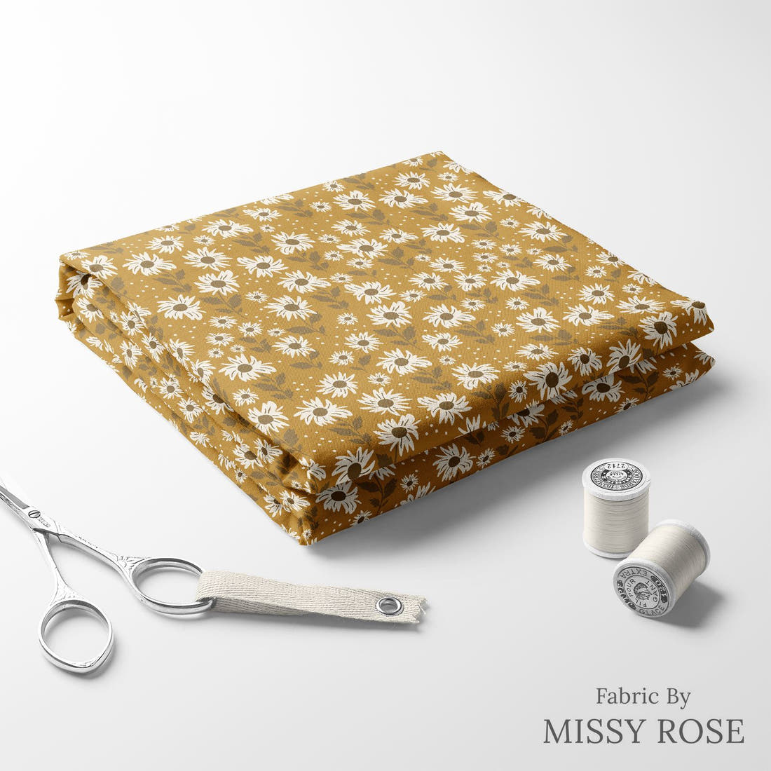 Indy Bloom Fabric Golden Girl Sunflowers in Golden 05 folded fabric stack with matching thread - pre-order fabric Australia | Fabric by Missy Rose