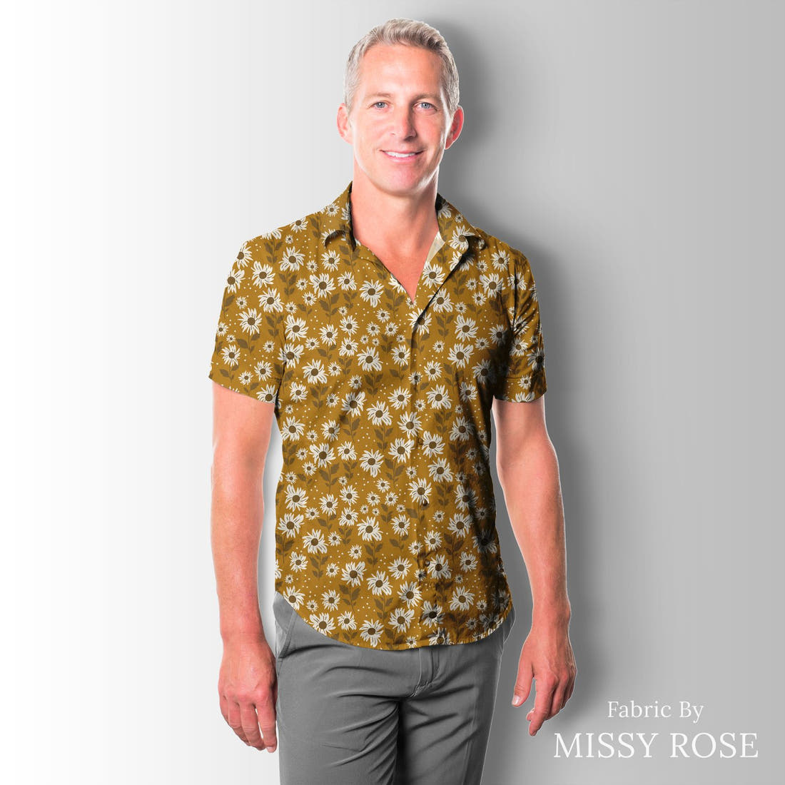 Indy Bloom Fabric Golden Girl Sunflowers in Golden 05 sewn into a men's shirt - custom printed fabric | Fabric by Missy Rose