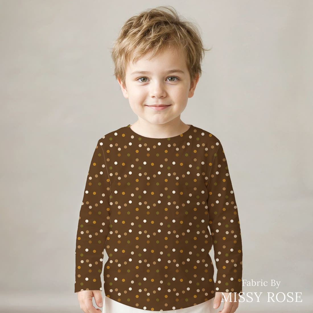 Indy Bloom Fabric Grandmas Garden Autumn Polka 21 sewn into a kids' all-over tee - custom printed fabric | Fabric by Missy Rose