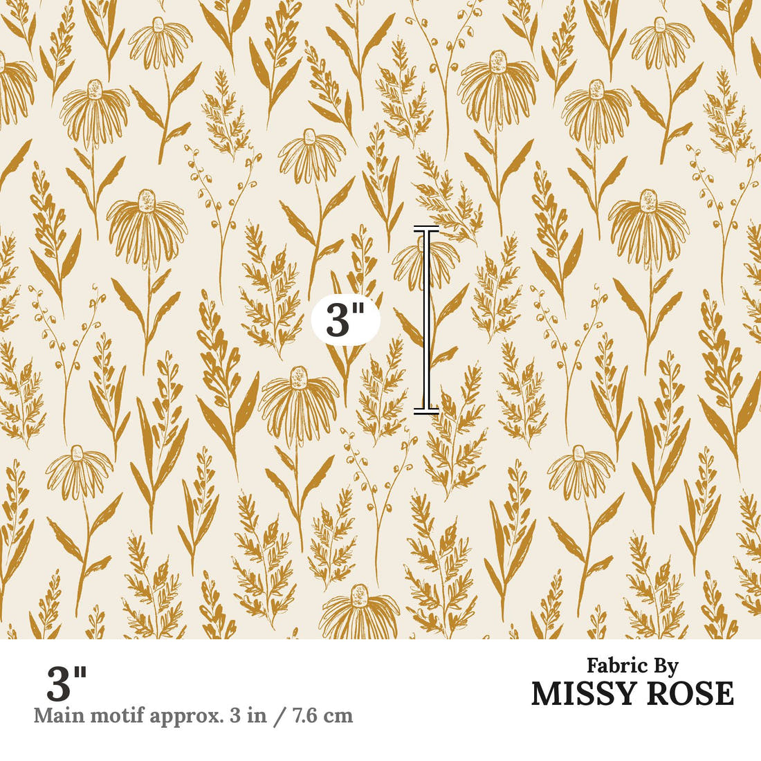Indy Bloom Fabric Grandmas Garden Farm Fresh Golden 13 3 inch print scale guide | Fabric by Missy Rose