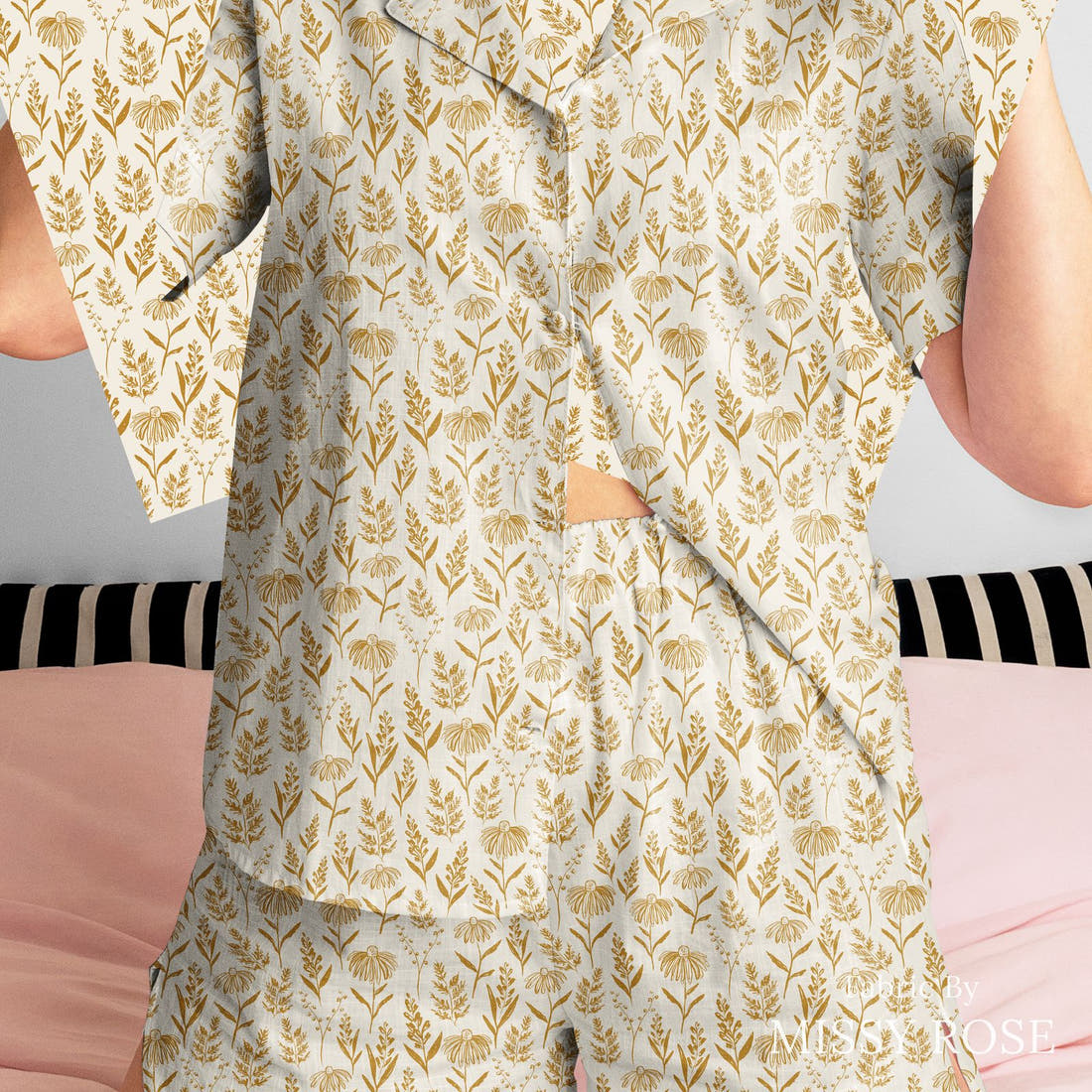 Indy Bloom Fabric Grandmas Garden Farm Fresh Golden 13 sewn into a women's pyjama set - custom printed fabric | Fabric by Missy Rose
