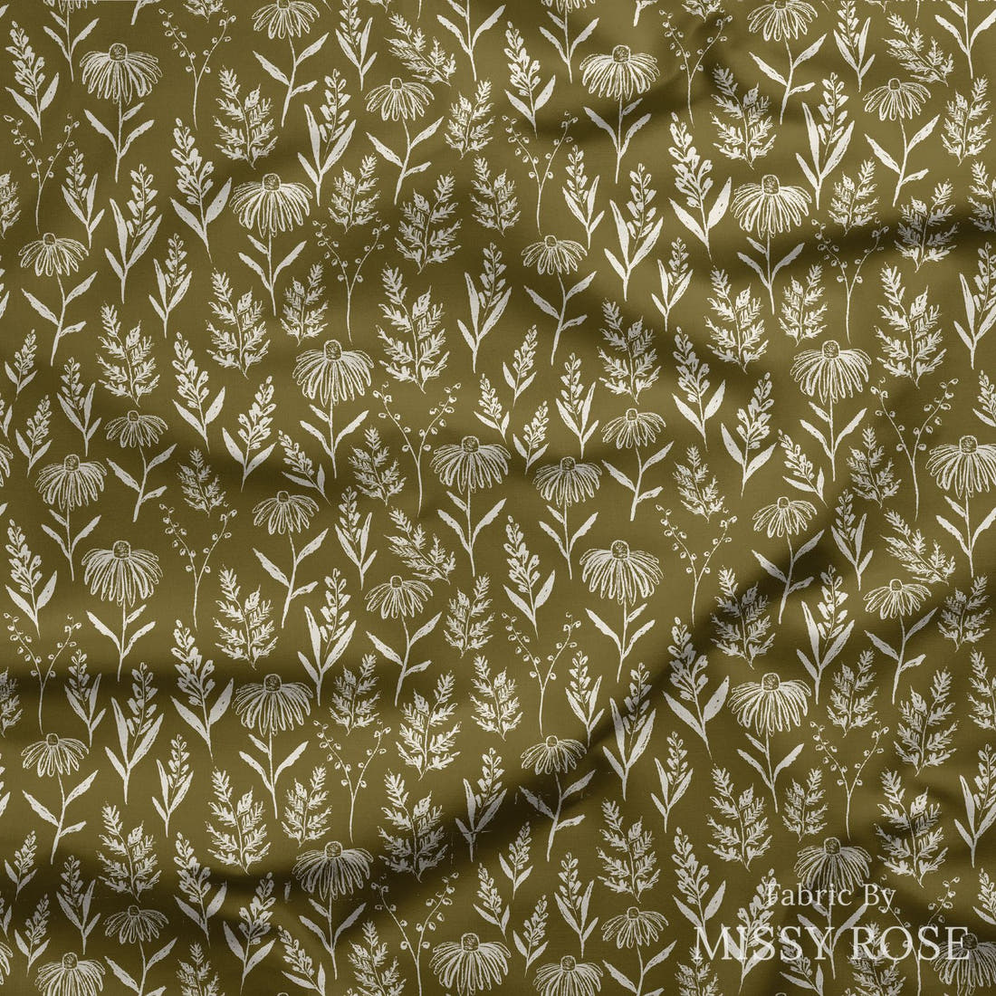 Indy Bloom Fabric Grandmas Garden Farm Fresh Olive 14 draped fabric mockup - custom printed fabric by the metre | Fabric by Missy Rose