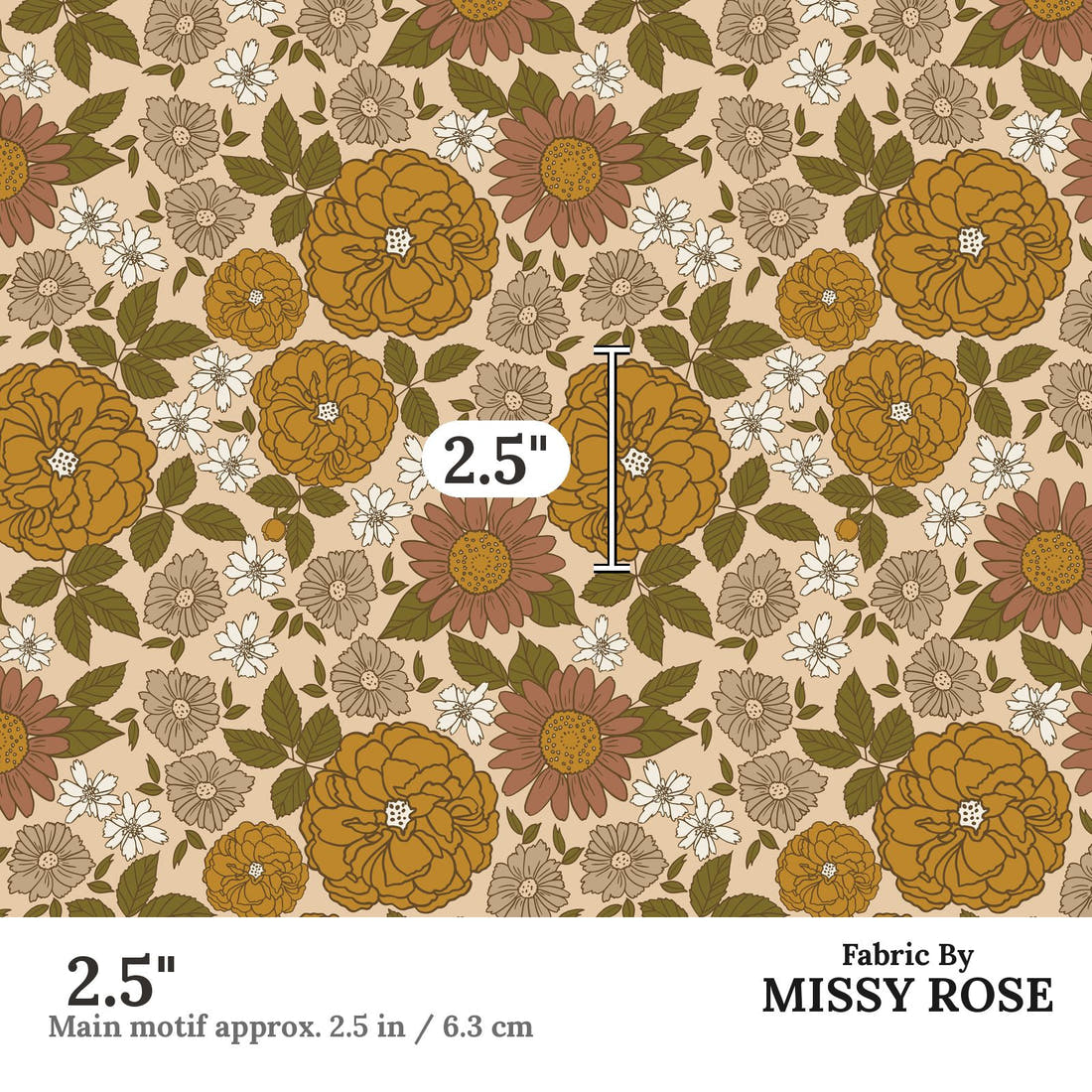 Indy Bloom Fabric Grandmas Garden Floral Dreams 02 2.5 inch print scale guide | Fabric by Missy Rose