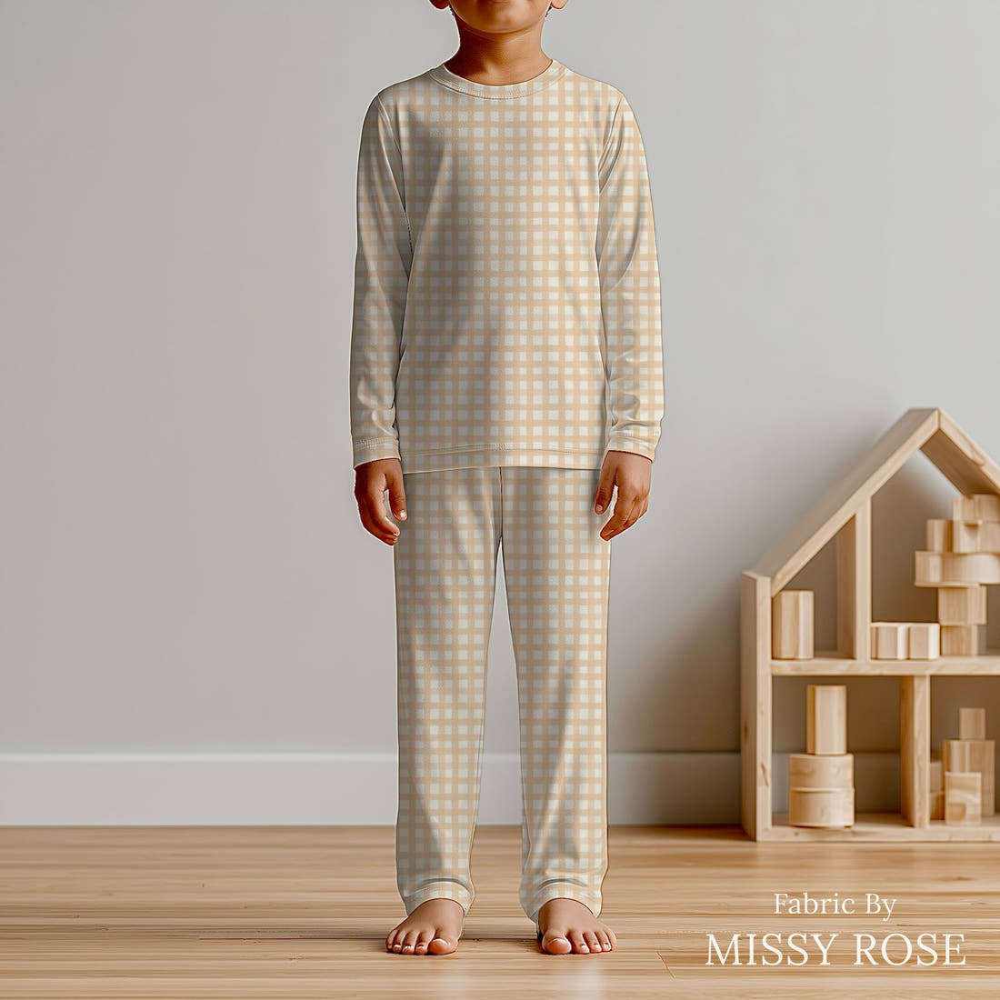 Indy Bloom Fabric Grandmas Garden Gingham Blush 15 sewn into kids' pyjamas - custom printed fabric | Fabric by Missy Rose