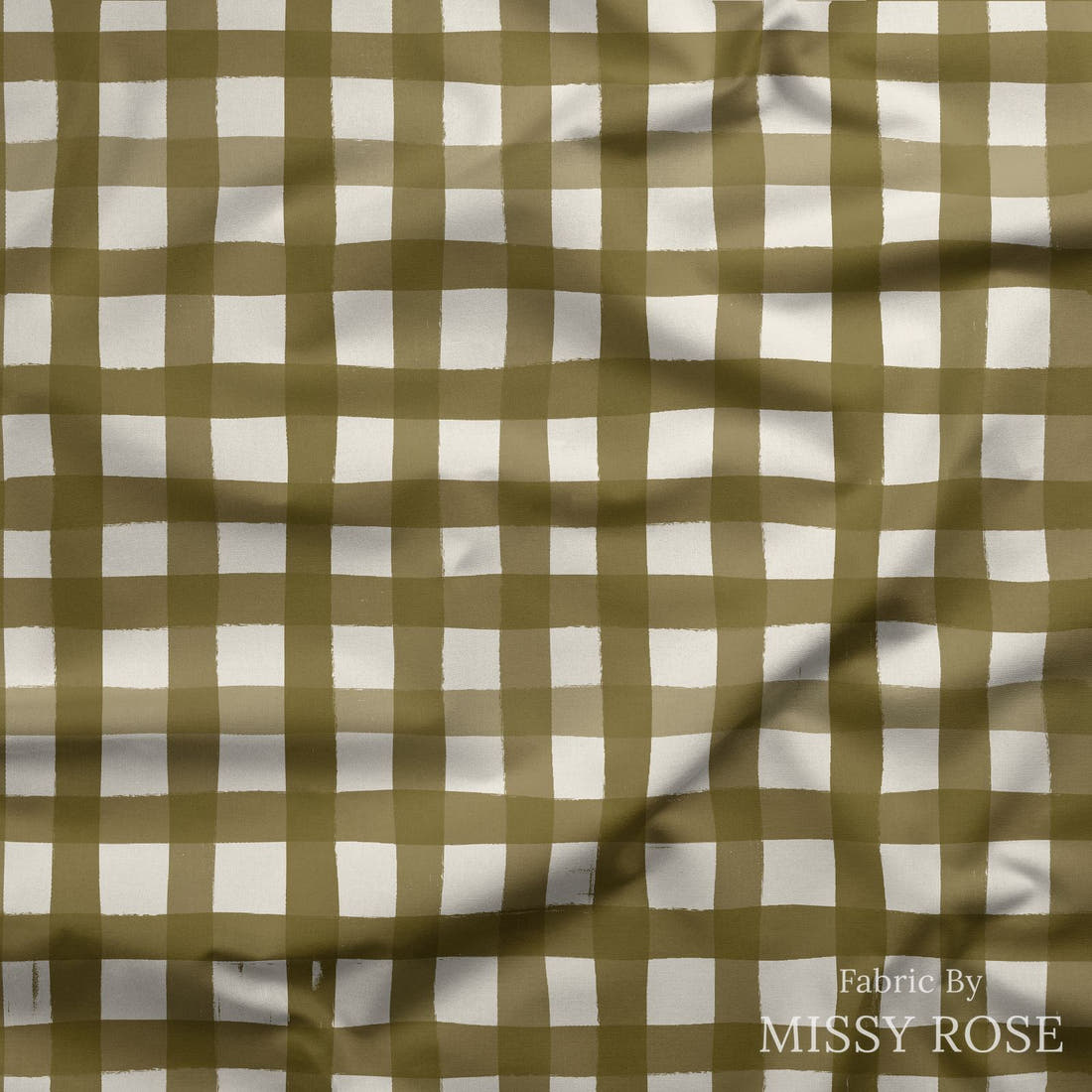 Indy Bloom Fabric Grandmas Garden Gingham Olive 17 draped fabric mockup - custom printed fabric by the metre | Fabric by Missy Rose