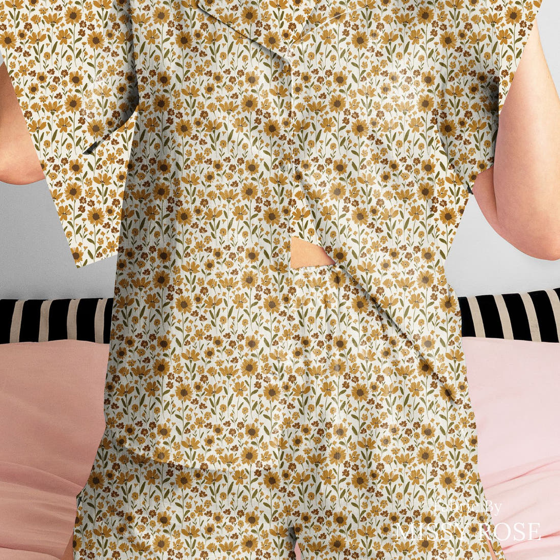 Indy Bloom Fabric Grandmas Garden Golden Garden 04 sewn into a women's pyjama set - custom printed fabric | Fabric by Missy Rose