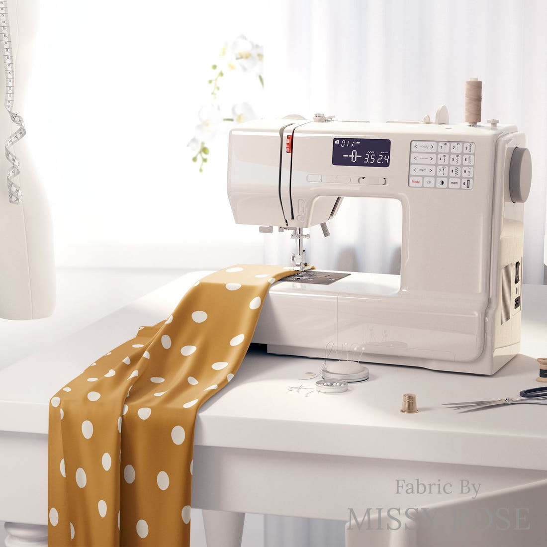 Indy Bloom Fabric Grandmas Garden Golden Polka 18 fabric on a sewing machine - sew your own | Fabric by Missy Rose