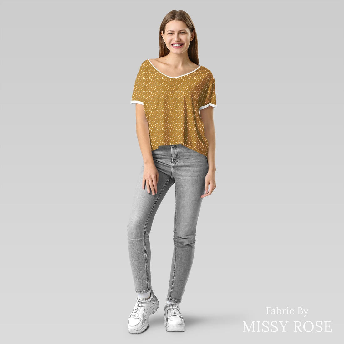 Indy Bloom Fabric Grandmas Garden Golden Polka 18 sewn into an everyday tee - custom printed fabric | Fabric by Missy Rose