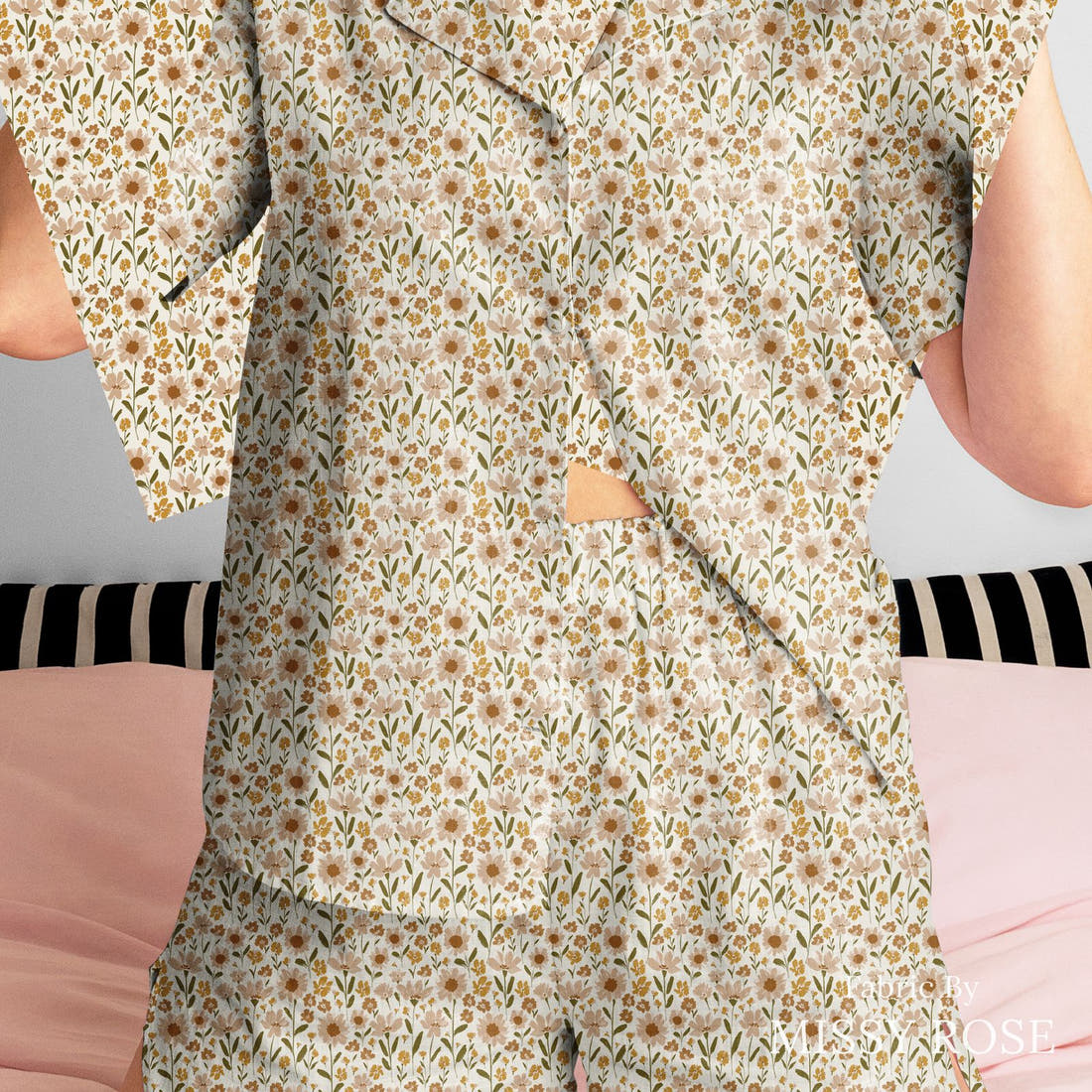 Indy Bloom Fabric Grandmas Garden Mauve in Blush 01 sewn into a women's pyjama set - custom printed fabric | Fabric by Missy Rose