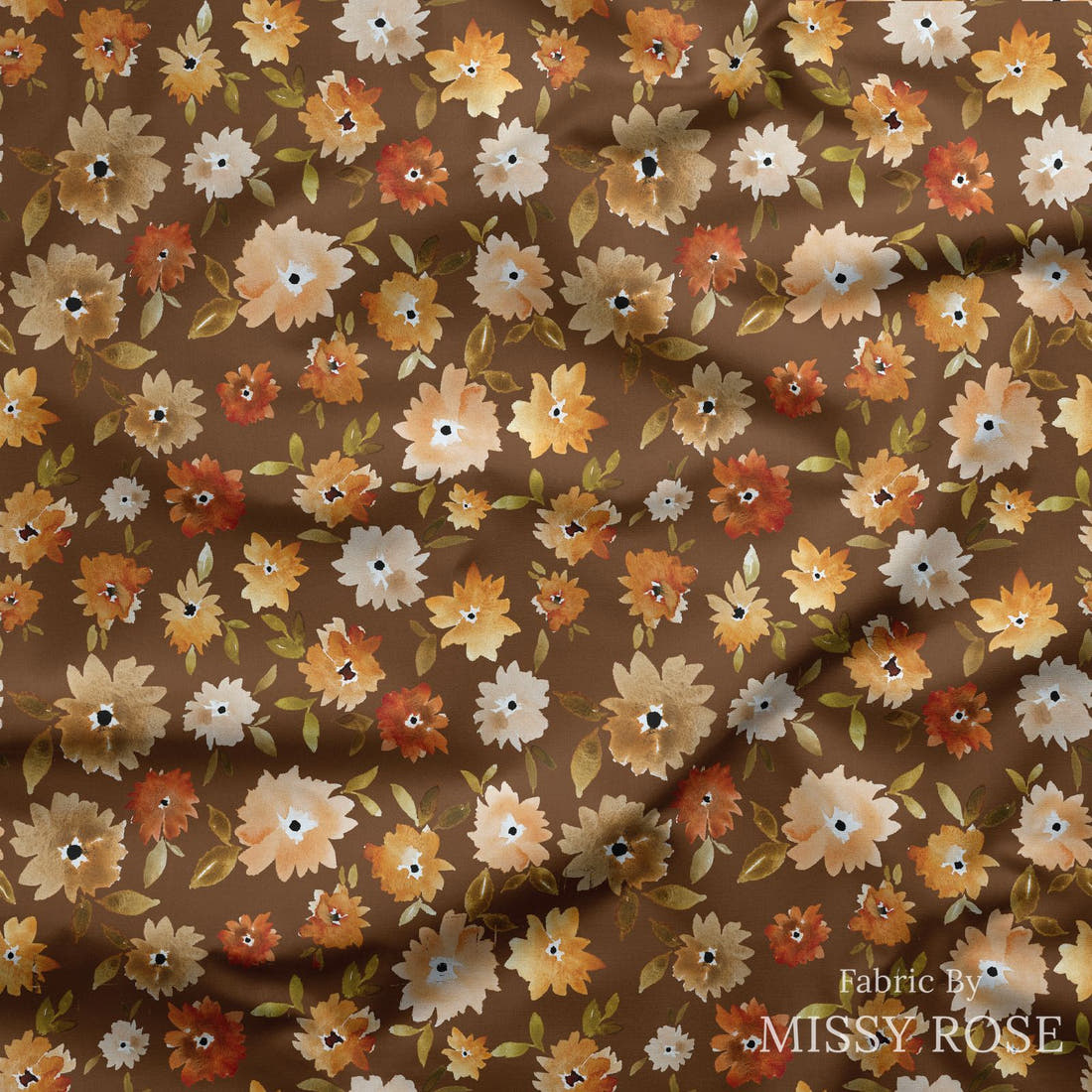 Indy Bloom Fabric Grandmas Garden Mums in Chocolate 10 draped fabric mockup - custom printed fabric by the metre | Fabric by Missy Rose