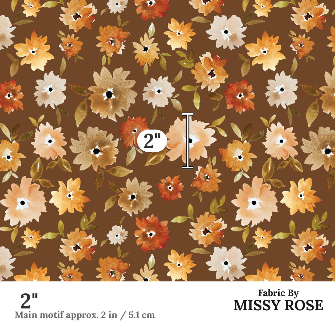 Indy Bloom Fabric Grandmas Garden Mums in Chocolate 10 2 inch print scale guide | Fabric by Missy Rose