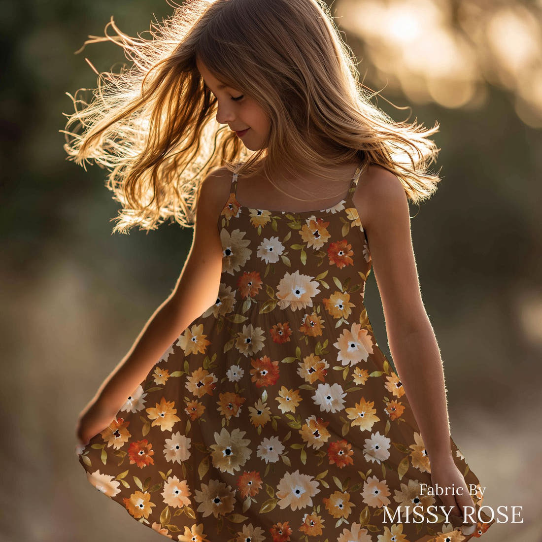 Indy Bloom Fabric Grandmas Garden Mums in Chocolate 10 sewn into a girls' dress - custom printed fabric | Fabric by Missy Rose