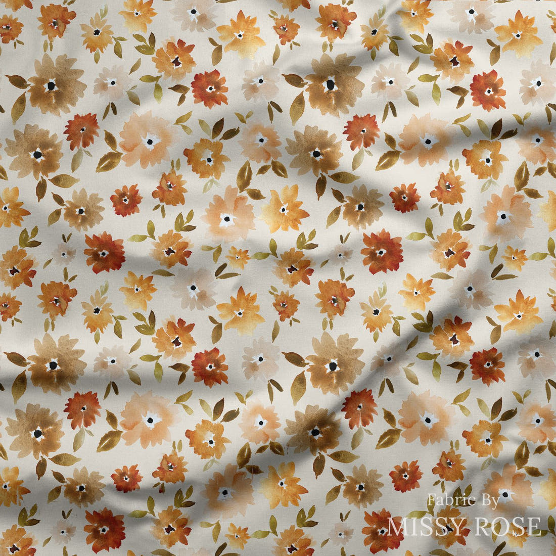 Indy Bloom Fabric Grandmas Garden Mums in Cream 07 draped fabric mockup - custom printed fabric by the metre | Fabric by Missy Rose